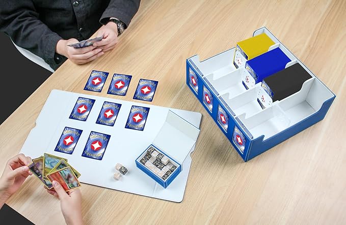 GEAoffice Trading Card Storage Box with Commander Display, 3200+ Card Deck Case with Magnetic Removable Lid, 4-Row Deck Box for MTG/TCG/Sports/Games, 10 Stoppers, 24 Dividers, 1 Dice Tray, Blue White