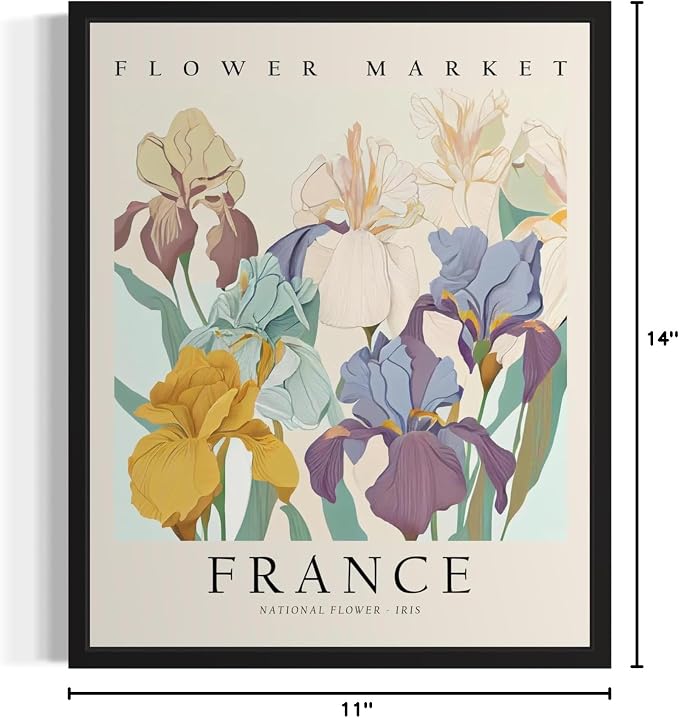 France, Iris Art Print Poster, Flower Market Wall Art, Floral Artwork Decor for Bedroom, Kitchen, Bathroom, Livingroom Decoration 52 (France, Iris, 14"L x 11"W, Black Frame)