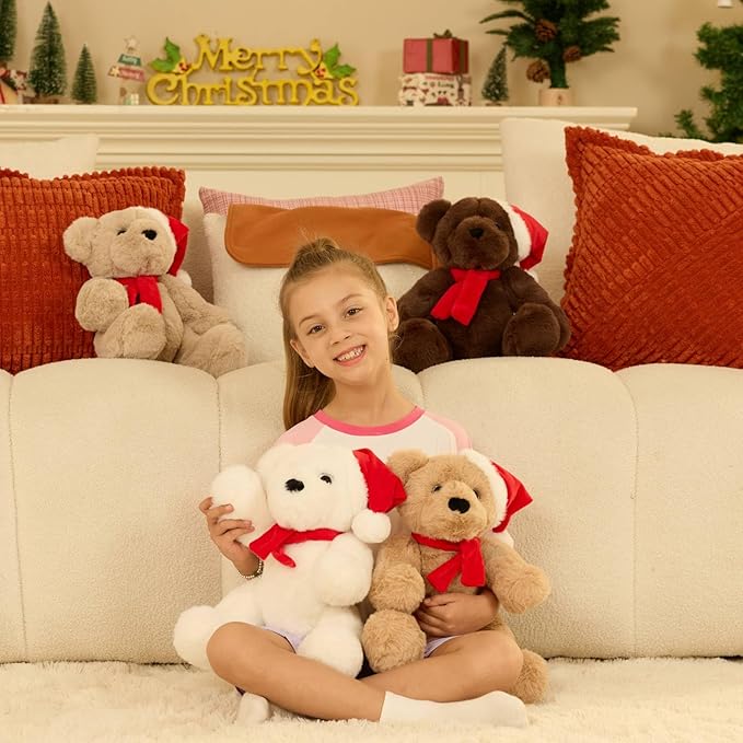 MorisMos Teddy Bear Stuffed Animal, 14'' Christmas Teddy Bear 2025 with Santa Hat & Scarf, 180° Joints Posed Plush Toy, Soft Stuffed Christmas Toys for Kid Girl Boy Max Decoration Birthday Gift, Tan