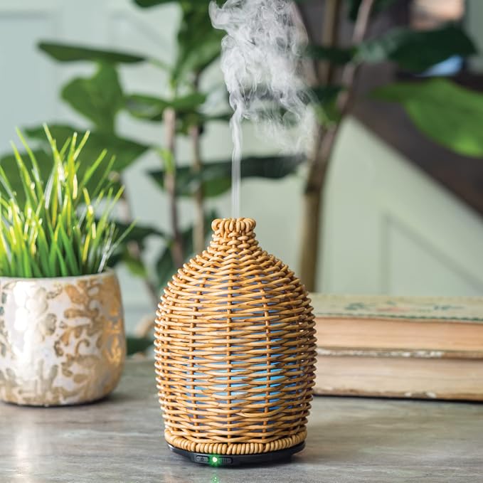 Airome Wicker Medium Essential Oil Diffuser|100 mL Humidifying Ultrasonic Aromatherapy Diffuser 8 Colorful LED Lights, Intermittent & Continual Mist, Auto Shut-Off