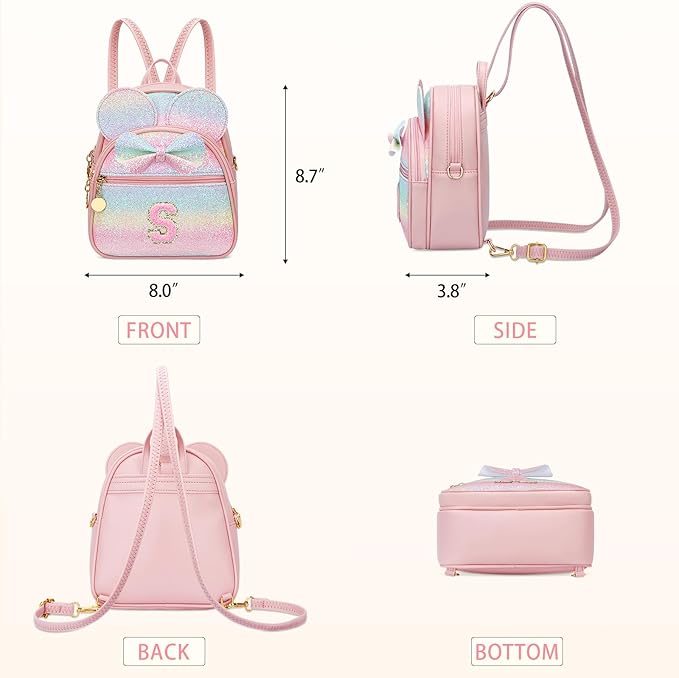 KKXIU Initial Bowknot Mini Backpacks for Girls Women, Small Cute Backpack Purse, Personalized Valentines Day Gifts for Toddler, Kids and Teen Girls(S, Rainbow)