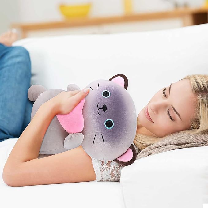Achwishap Cat Stuffed Animal,Siamese Cat Plush with Love Heart,14” Siamese Cats Plush Toys,Cute Plushies Soft Cats Plushy Kawaii Plushie Huggging Pillow,Cuddly Animal Body Pillow for Kids Adults(Gray)