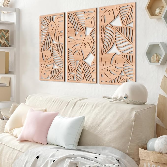 IARTTOP Large Wood Tropical Wall Art 15.9X32 Inch Carved Palm Leaves Wall Decor Coastal Leaf Monstera Plant Wall Sculptures for Living Room Bedroom Set of 3