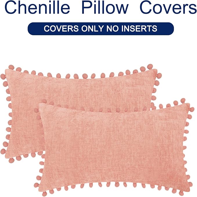 CaliTime Decorative Couch Throw Pillow Covers 20 X 12 Inches Dusty Pink | Pack of 2, Cozy Chenille Cushion Cases, with Pom Poms for Sofa Bed Living Room Farmhouse Home
