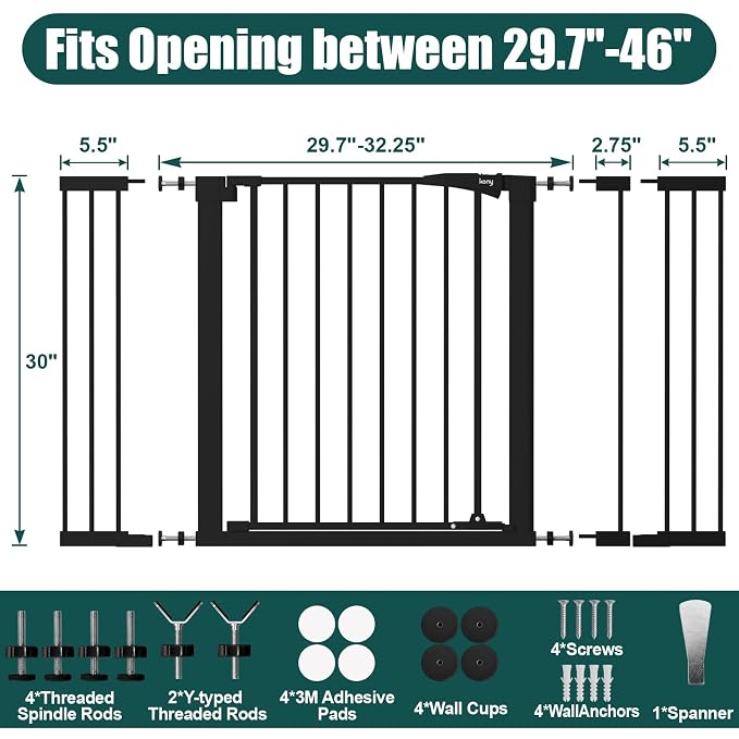 keny 29.7"-46" Baby Gate for Stairs, Auto Close Dog Gates for Doorways, Pressured Mounted No Drilling Pet Gate Extra Wide, One-Hand Opening Dual Lock Stair Gate, Indoor Kids Necessities, Black