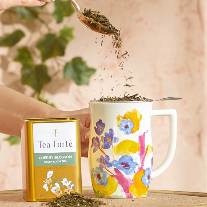Tea Forte Ceramic Fiore Cup with Handle, Removeable Stainless Steel Infuser Basket and Lid, Steeps 14 oz Loose Leaf Tea, Dishwasher & Microwave Safe, Volare