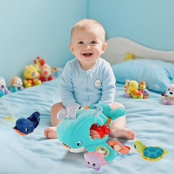 Soft Rattle Montessori Baby Toys 6-12 Months, Soft Barn Ocean Playhouse with 6 Stuffed Animals, Sensory Development Activity, Toddler Learning Toys (Ocean Whale)