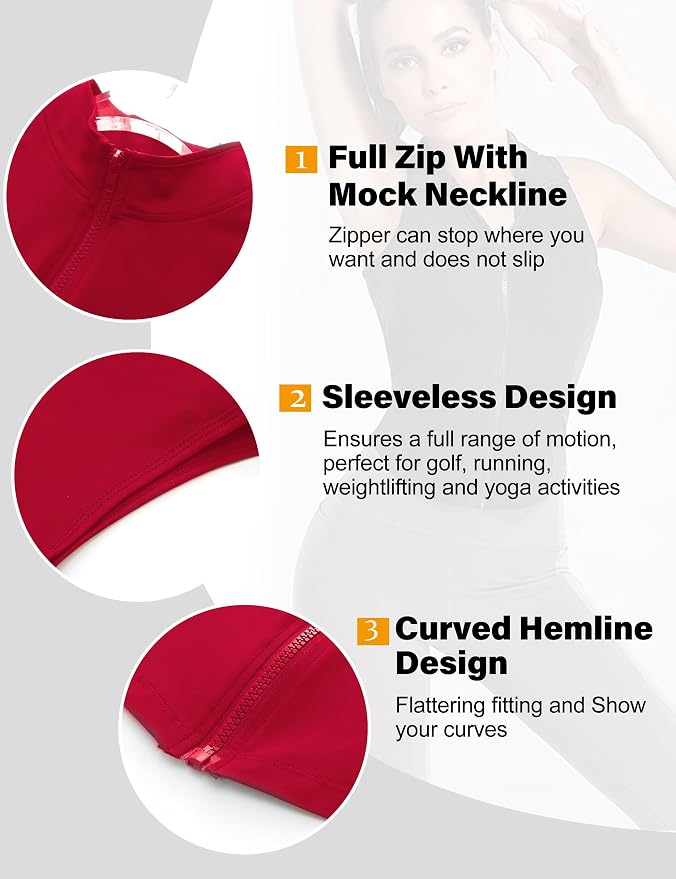 Flygo Women's Full Zip Sleeveless Workout Yoga Active Jacket Vest Golf Shirts