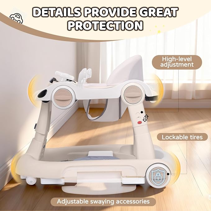 Baby Walker, 4-in-1 Baby Walker with Wheels Portable, Foldable Infant Toddler Walker for Boys Girls 6-18 Month (Beige)