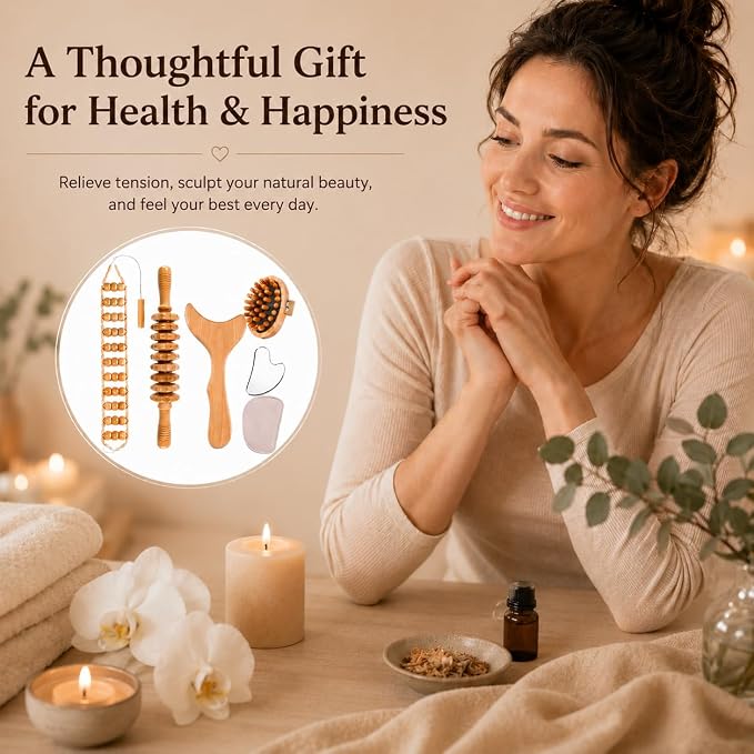 5PCS Wood Therapy Massage Tools Set, Maderoterapia Lymphatic Drainage Massager, Professional Maderoterapia Kit Cellulite Massager for Body Contouring,Relief Muscle, Gua Sha Facia Tools
