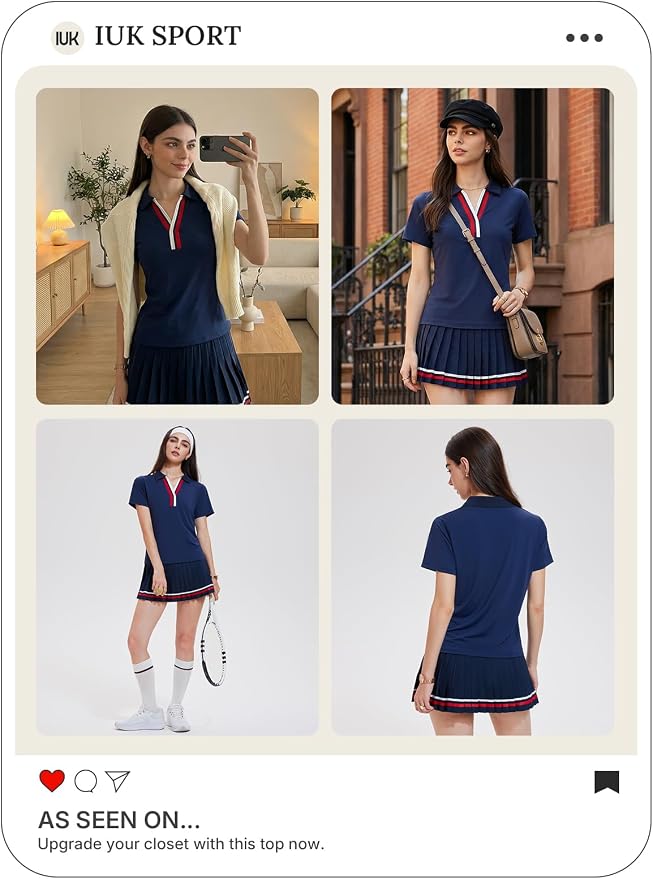 Women 2 Piece Tennis Skirt Set Pleated Golf Outfit, Polo V-Neck Athletic Dress Alternative Skort Set for Pickleball Pockets