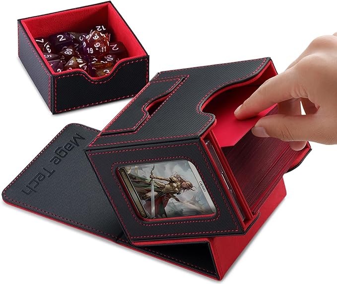 Mage Tech Card Deck Box for MTG Commander - Patented Design, Commander Display, Fits 100 Double-Sleeved Cards, 35pt Card Brick & Dice Tray - Black/Red