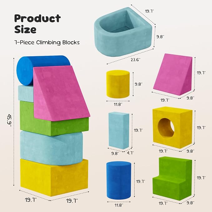 Teckid Toddler Climbing Toys, 7-Piece Colorful Foam Blocks, Indoor Soft Play Gym for Crawling, Climbing and Sliding, Modular Play Set Ages 1-3, No Ball Included