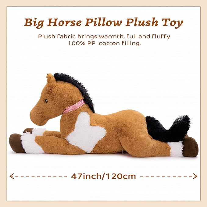 MaoGoLan Large Horse Stuffed Animal for Boy, Big Horse Plush Toy for Girl, Ridable Stuffy Pony for Kid, Stuffed Pony Plush Pillow for Baby Shower, Birthday Gifts or Party Favor, 47 inches