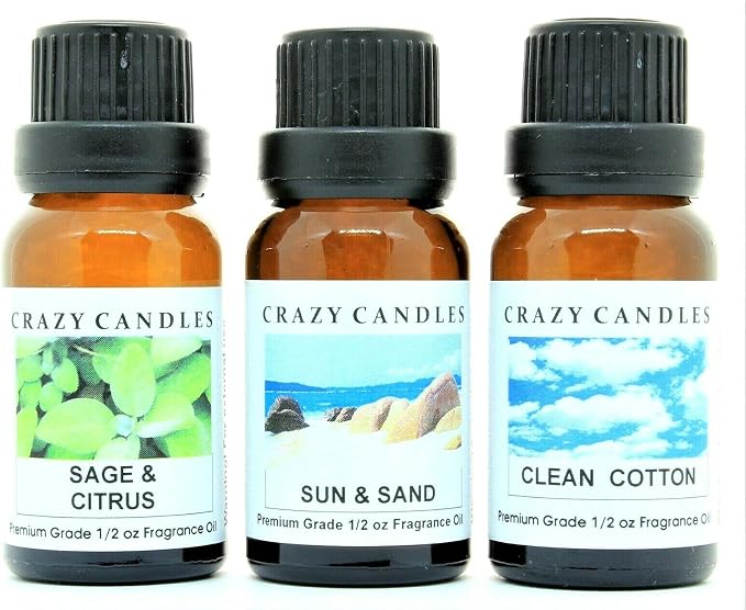 Crazy Candles 3 Bottles Set, 1 Sage & Citrus, 1 Clean Cotton, 1 Sun & Sand 1/2 Fl Oz Each (15ml) Premium Grade Scented Fragrance Oils