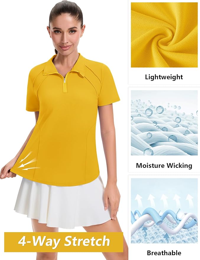 LOMON Womens Golf Polo Shirt Summer Short Sleeve Quarter Zip Outfit | Side-Pockets,Princess Seams,Cotton,Wrinkle Free,Moisture Wicking,Quick-Dry,Lightweight,Collared,for Tennis Workout