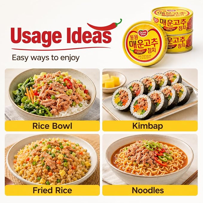Double Hot Pepper Tuna, Korean Spicy Canned Tuna with Chili Pepper Sauce, High Protein Seafood, 4.76 oz (135g) Cans, 4 Pack (Dongwon)