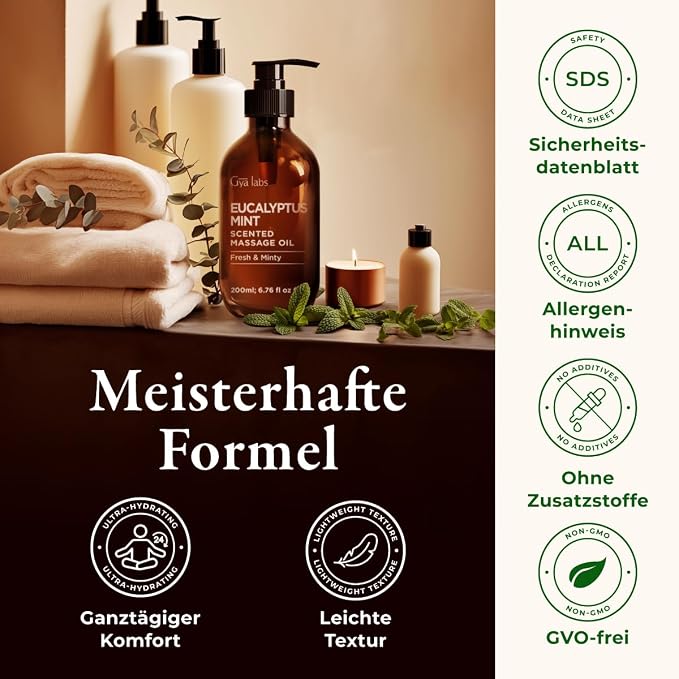 Gya Labs Eucalyptus Mint Massage Oil - 6.76 Fl Oz - Eucalyptus Mint Massage Oil for Sore Muscles and Relaxing Massages, Invigorating Scent - Non-Greasy Formula, Non-GMO and Cruelty-Free