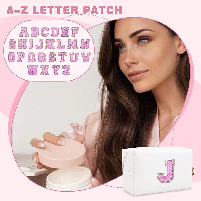 Small Initial Patch Makeup Bag Personalized Gifts Make Up Bag,White Cute PU Leather Glitter Letter Cosmetic Bag with Zipper,Trendy Portable Travel Toiletry Pouch,Preppy Stuff for Teen Girls Women J