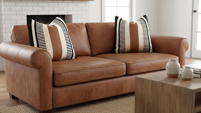 24x24 Boho Striped Pillow Cover with Faux Leather Accent, Black, 2 PC | Geometric printed cotton, vintage brown accent, black white reversible cushion case, farmhouse tribal floor sofa couch decor.