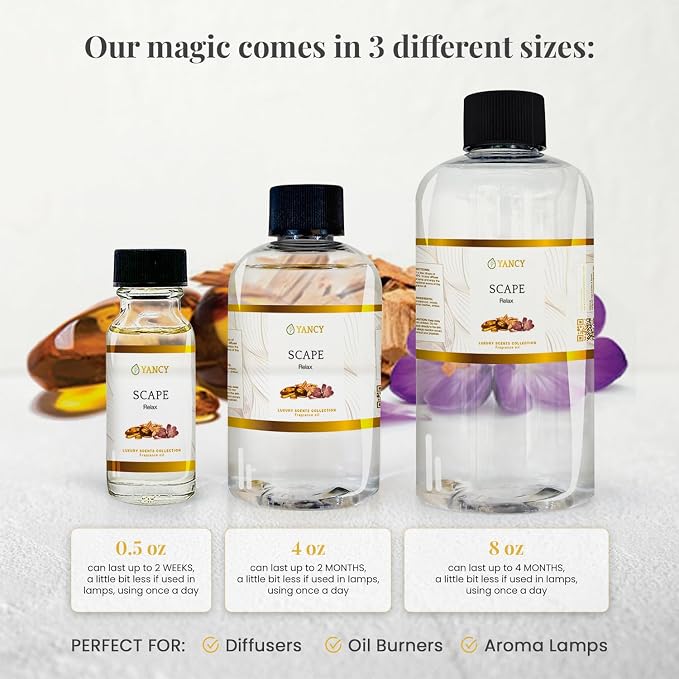YANCY Scape Luxury Collection Fragrance Oil (4 oz), Sandalwood and Amber Scent, Versatile Aroma for Diffusers, Oil Burners & Aroma Lamps, Premium Fragrance Oil for Relaxing Home Ambiance