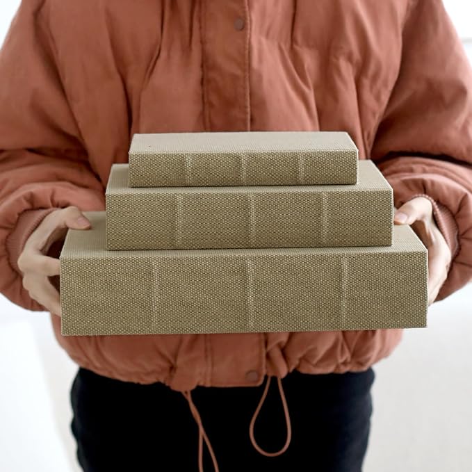 Decorative Book Boxes Set of 3,Modern Faux Linen Hidden Storage, Warm Taupe | For Coffee Table – Stackable Fake Books for Shelf Decor, Remote Control & Jewelry Organizer