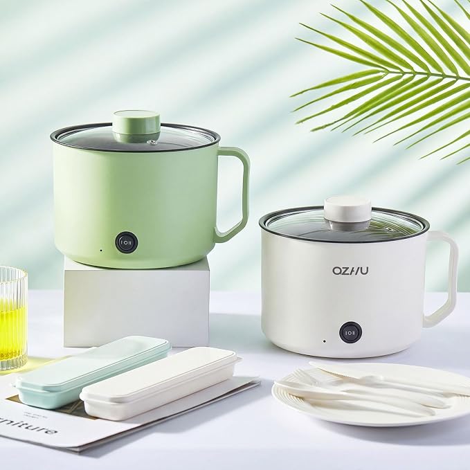 2 Pcs 1.5l Electric Ramen Cooker Hot Pot Electric Dual Power Noodle Cooker, Boil Dry Protection, Nonstick, Multifunctional Lazy Pot for Cooking Pasta, Noodles, 7x3.15" (Mint Green, White)