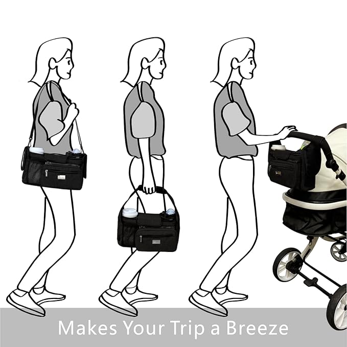 TOPDesign Universal Baby Stroller Organizer, Stroller Caddy with Detachable Mesh Bag & Heightened Insulated Cup Holders & Non-Slip Secure Hooks Accessories, Fits Most Strollers (Cars)