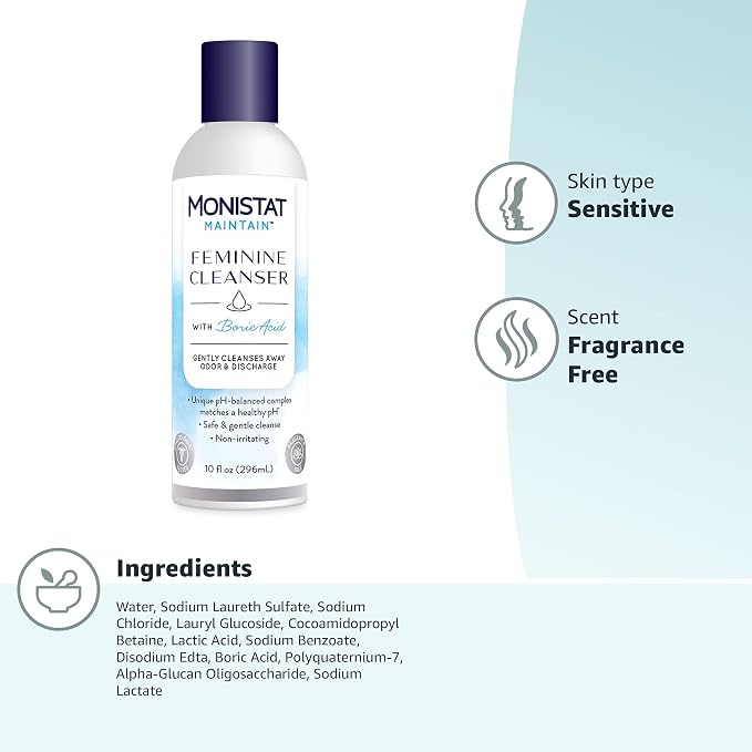 Monistat Boric Acid Feminine Wash, Fragrance-Free Intimate Wash for Women with Gentle pH-Balanced Formula, 10 Fl Oz (Pack of 2)