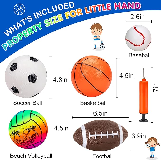 5 Pack Sports Balls Set for Kids with Bag Balls for Toddlers 1-3 Football Soccer Basketball Baseball Volleyball Outdoor Toys Sport Bouncy Playground Kickball Hand Pump Outside Toddler 1-3 2-4 3-5 Gift