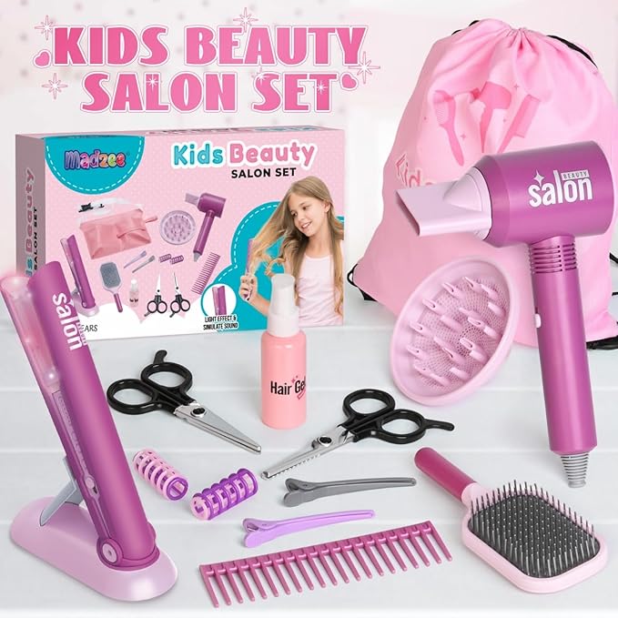 Madzee Girls Beauty Hair Salon Toys for Girls, Pretend Play Hair Stylist Toy Kit with Hairdryer, Pretend Play Hair Styling Toy Playset, Pink