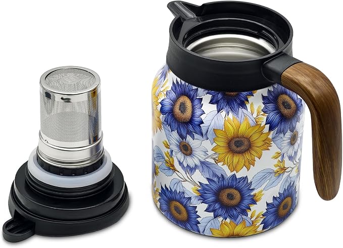 35 OZ Sunflower Vintage Floral Tea Pot with Infuser, Large Capacity Insulated Stainless Steel Tea Kettle, 12 Hour Hot/Cold Retention, Tea-Water Separation Loose Leaf Tea Steeper for Hot Drinks