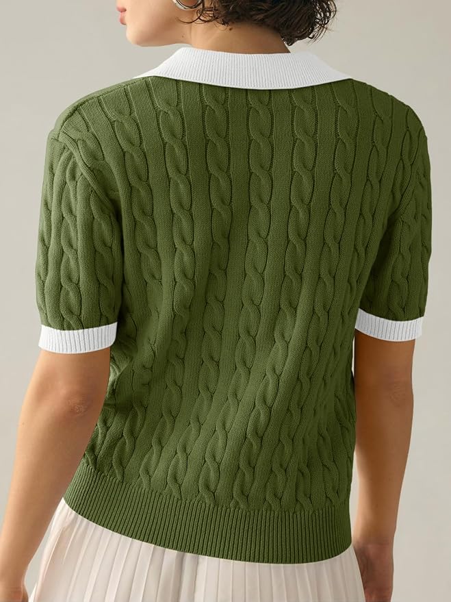 Imily Bela Womens Cable Short Sleeve Sweaters Tops Lapel V Neck Knit Shirt | Solid,Knit Casual,Soft Pullover,Fall Sweaters,Womens Summer Work Tops