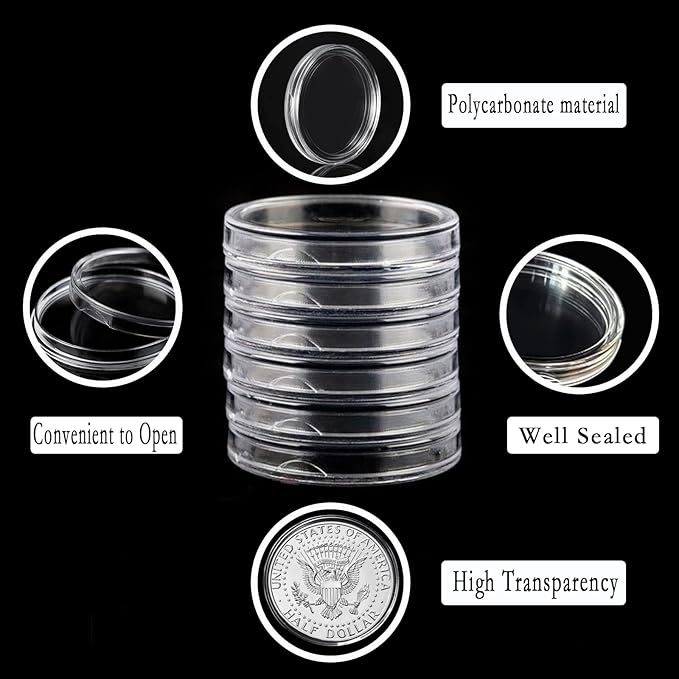 MUDOR Coin Holders for Half Dollar, 100 Pack Coin Storage Cases for Collectors, Plastic Coin Collection Protectors Capsules