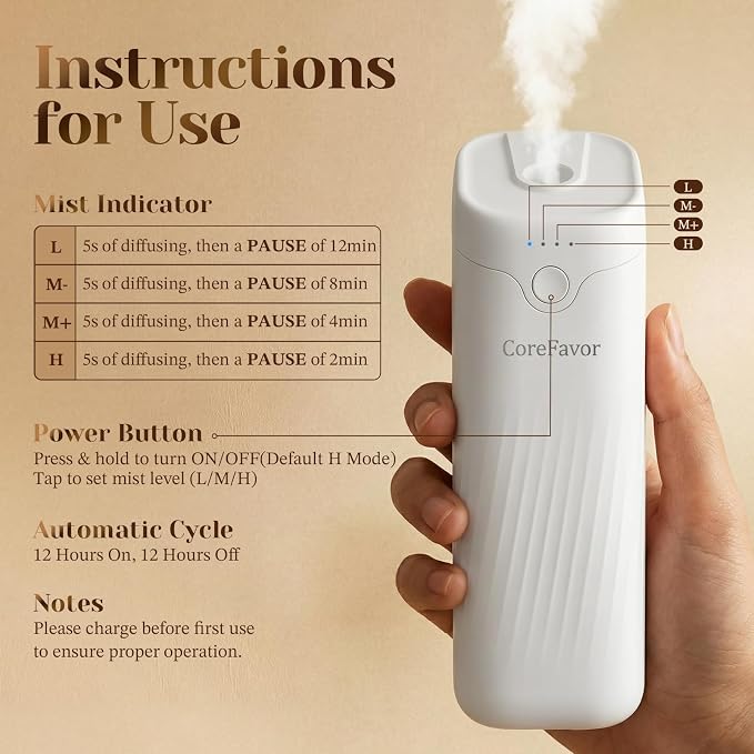 Ultrasonic Aroma Diffuser (M60) with 2x120ml Essential Oil, Portable Battery-Operated Cold Air Aroma Scent Machine, 4 Adjustable Intensity Levels, Quiet Diffuser for Home Bedroom Office Car