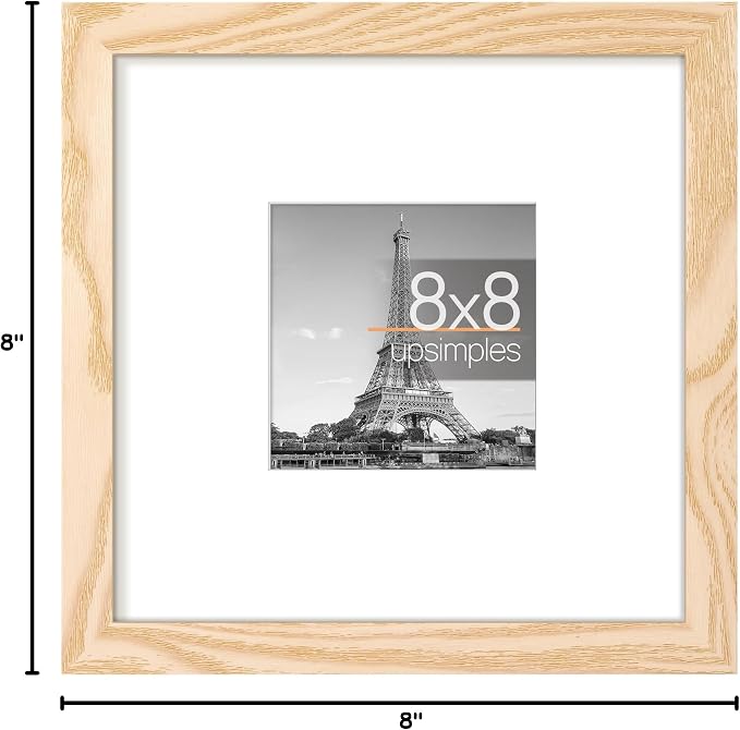 upsimples 8x8 Picture Frame, Display Pictures 4x4 with Mat or 8 x 8 Without, Wall Hanging Photo Frames, Natural Style, 1 Pack