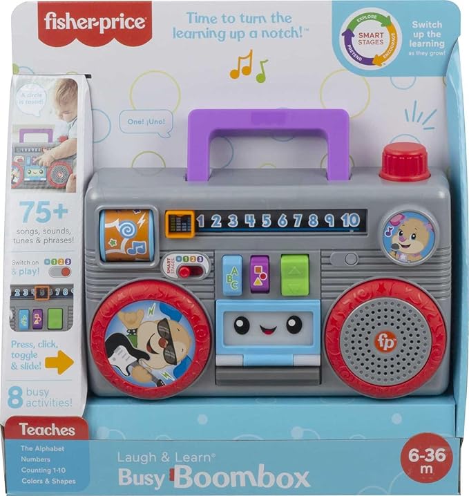 Fisher-Price Laugh & Learn Busy Boombox, Retro-Inspired Musical Infant Activity Toy with Learning Content for Baby and Toddlers (Amazon Exclusive)