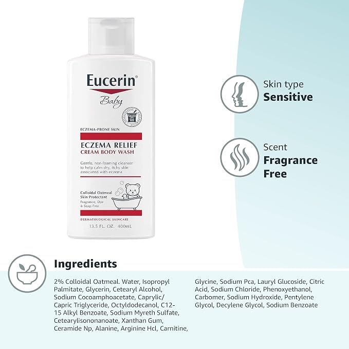 Eucerin Baby Eczema Relief Cream Body Wash, Fragrance Free Eczema Body Wash for Babies with Colloidal Oatmeal, 13.5 Fl Oz Bottle (Pack of 12)