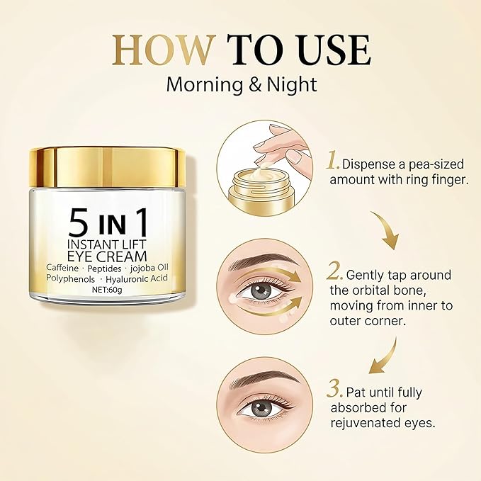 Grospe 5 in 1 Eye Cream for Dark Circles & Puffiness, Anti Aging Instant Lifting Under Eye Cream for Bags, Wrinkles & Fine Lines Firming Eye Treatment with Caffeine Hyaluronic Acid Hydrating, 2.1Oz