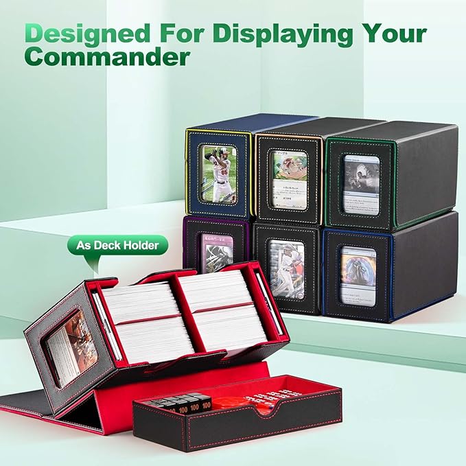 UAONO Card Deck Box for MTG, Double Card Storage Box with 2 Commander Display & 1 Dice Tray, Fits 200+ Double Sleeved Cards, Organizer for CCG TCG Sports Cards (Black Green)