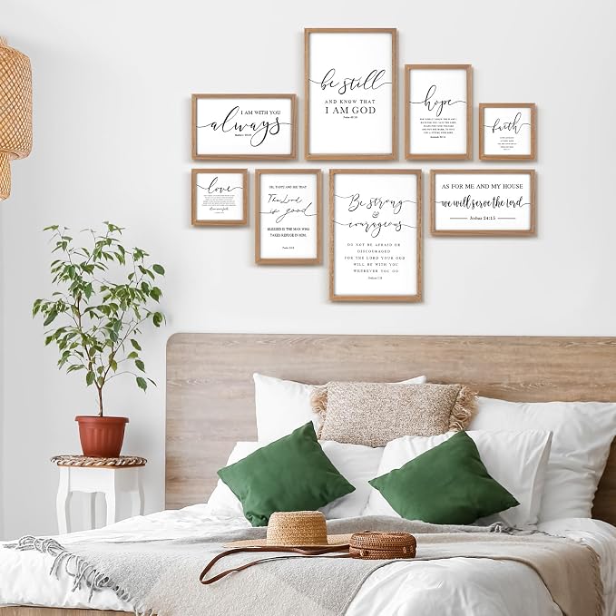 Faccito 8 Set Bible Christian Wall Art Framed, Wooden Decor | Religious Quotes Decor for Bedroom Office, Inspirational Scripture Wooden Art, Modern Framed Set for Home Classroom Work