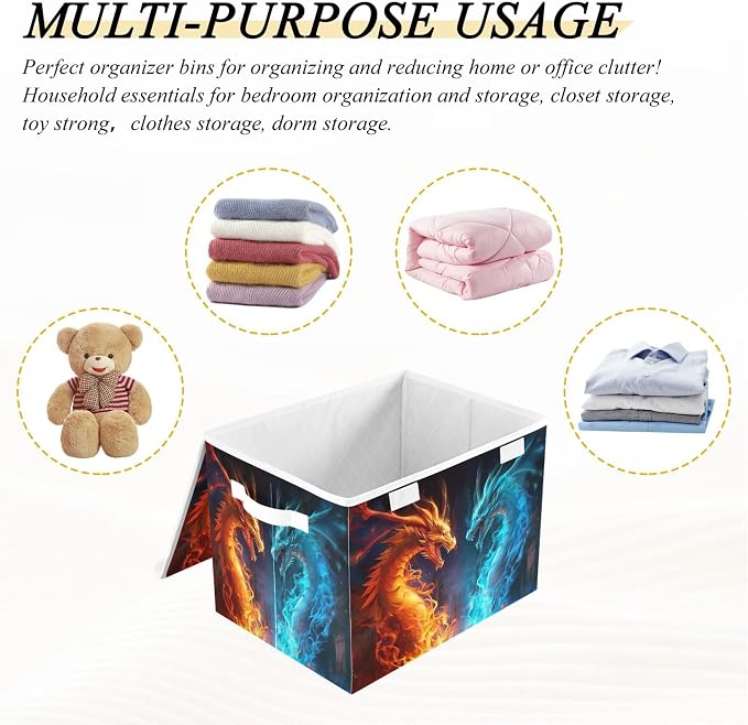 Fire and Ice Dragon Storage Bins with Lids and Carrying Handle,Foldable Storage Boxes Organizer Containers Baskets Cube with Cover for Home Bedroom Closet Office