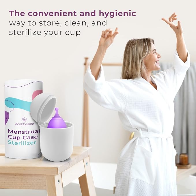 EcoBlossom Menstrual Cup Case and Sterilizer - Reusable Silicone Sterilizing Holder - Cleaner Period for You and Your Disc or Cup - Portable Cleaning Container & Microwave Steamer (White)
