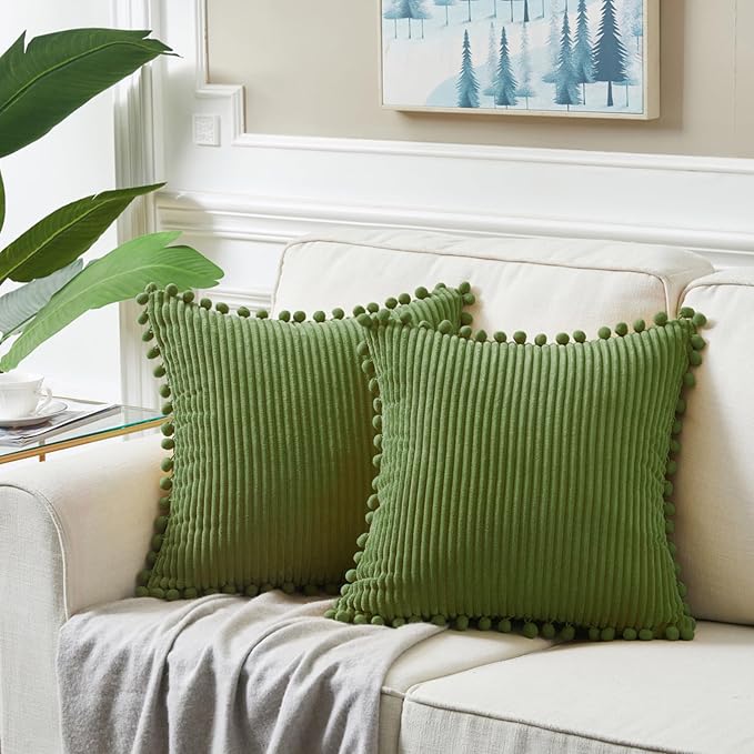 Fancy Homi Pack of 2 Moss Green Decorative Throw Pillow Covers 24x24 Inch with Pom-poms, Soft Corduroy Solid Square Cushion Covers for Couch Sofa Bedroom Car Living Room 60x60 cm