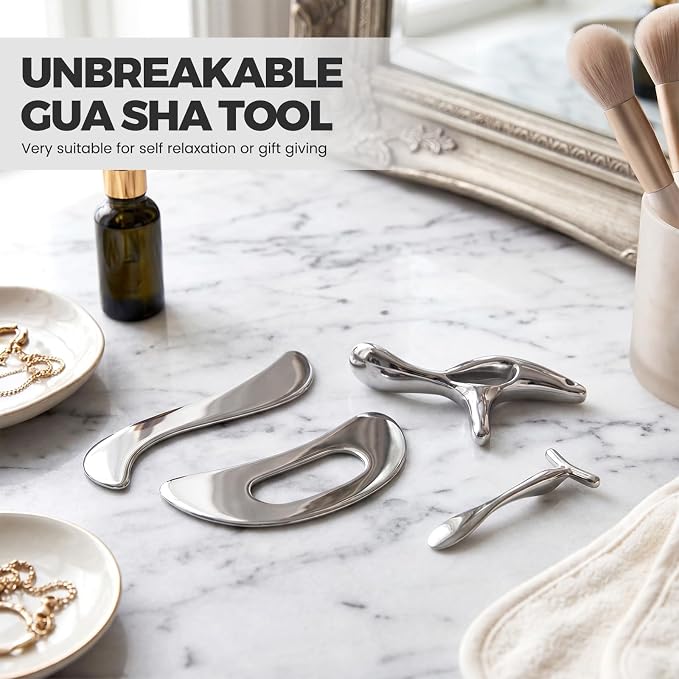 Outus 4 in 1 Stainless Steel Gua Sha Fascia Tool Set, Muscle Scraper Massage Tools for Back, Legs, Arm, Neck & Face, Soft Tissue Relaxation, Self Care Gift for Wedding, Women & Sports Enthusiasts