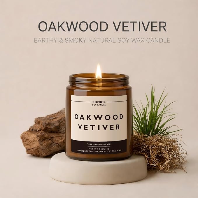 Oakwood Vetiver Scented Candles for Home, Natural Soy Wax Candle with Essential Oils, 9oz Amber Jar Aromatherapy Candel, 50H Long & Non-Toxic Burning, Hand Poured, Giftable, Relaxation