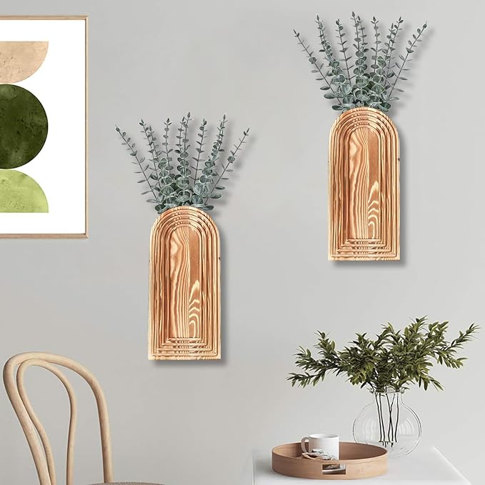 Dnnnii 2 Pack Wooden Wall Vase Set - Brown Finish Modern Farmhouse & Boho Wall Decor for Entryway, Hallway, Bathroom, Living Room, Dining Room, Narrow Spaces