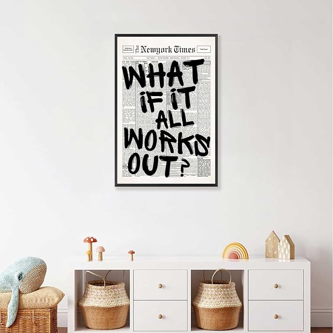 Retro Black And White Newspaper Poster What If It All Works Out Canvas Wall Art Positive Affirming Quote Minimalist Prints Painting For Home Bedroom Dorm Wall Decor 24x36in Framed