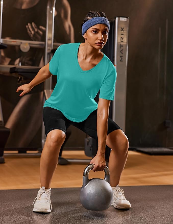 PINSPARK Soft Workout Tops for Women Short Sleeve V Neck Moisture Wicking UPF 50+ Sun Protection Quick Dry Gym Shirts