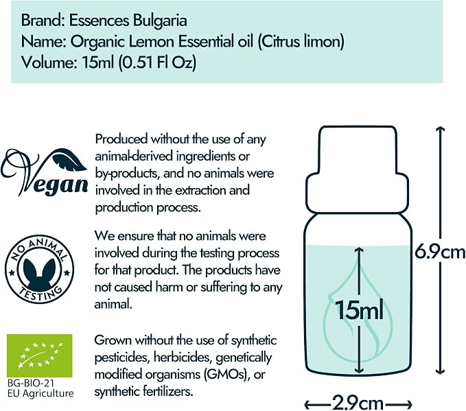 Essences Bulgaria Organic Lemon Essential Oil 0.51 Fl Oz | 15ml | Citrus Limon | 100% Pure | Natural | Undiluted | Therapeutic Grade | Aromatherapy | Cosmetics | Cruelty Free | Non-GMO | Vegan